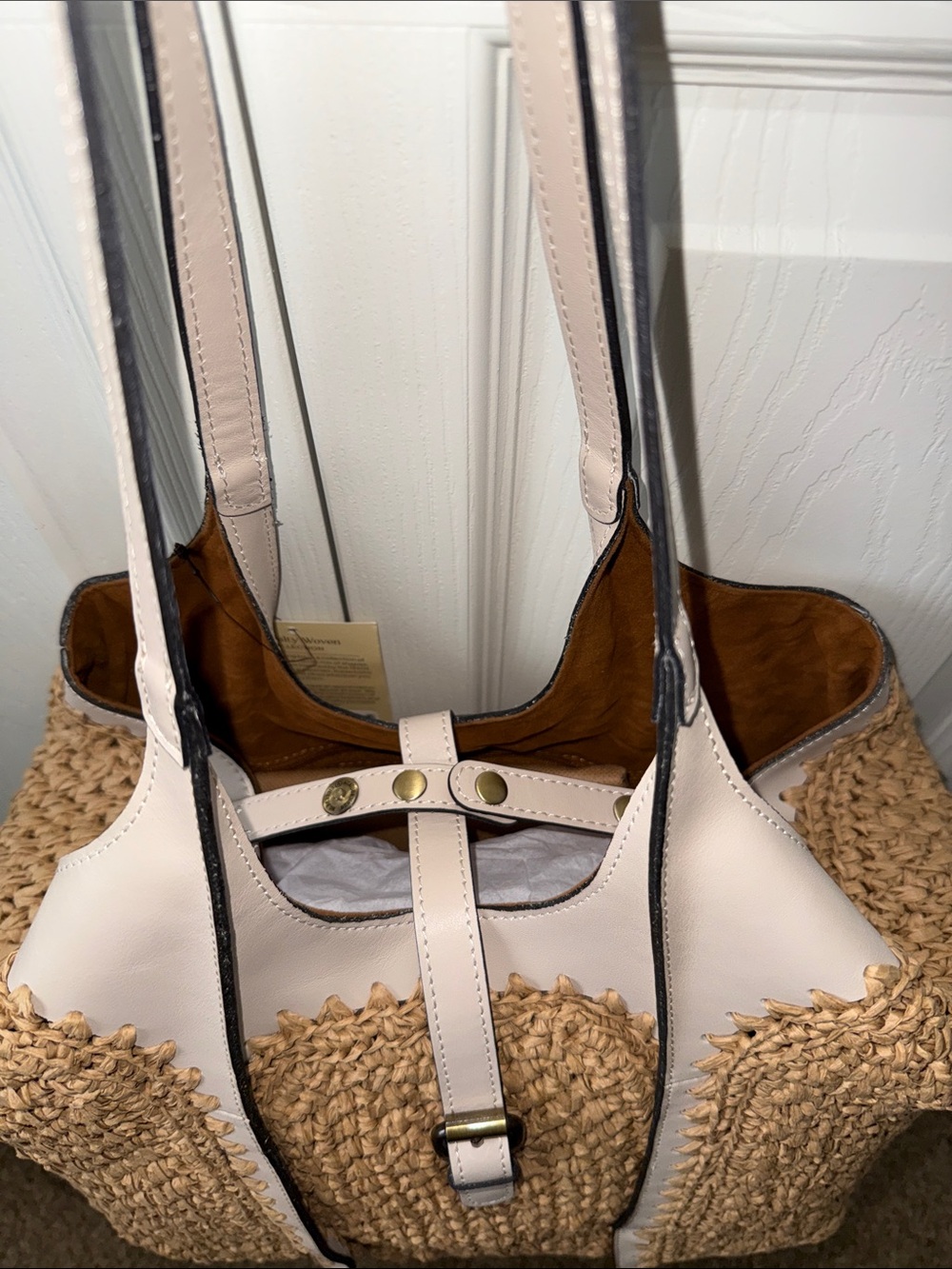 Woven Raffia Tote with Pale Cream Leather Trim - Picture 5 of 9